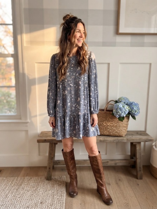 Wilfred Dresses & Skirts - Wilfred Dusty Blue Floral Long-Sleeve Mini Dress Medium